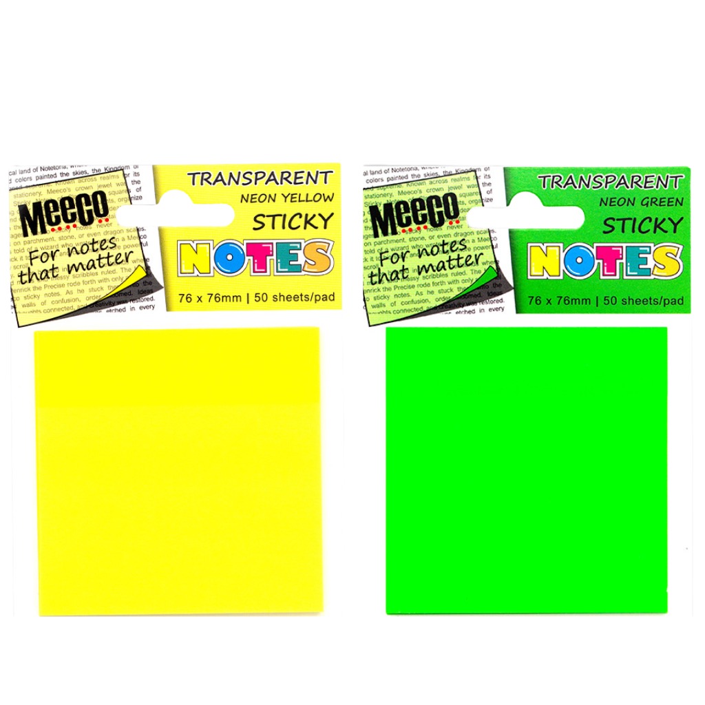 Meeco Transparent Neon Sticky Note Pad 76x76mm clear tabs