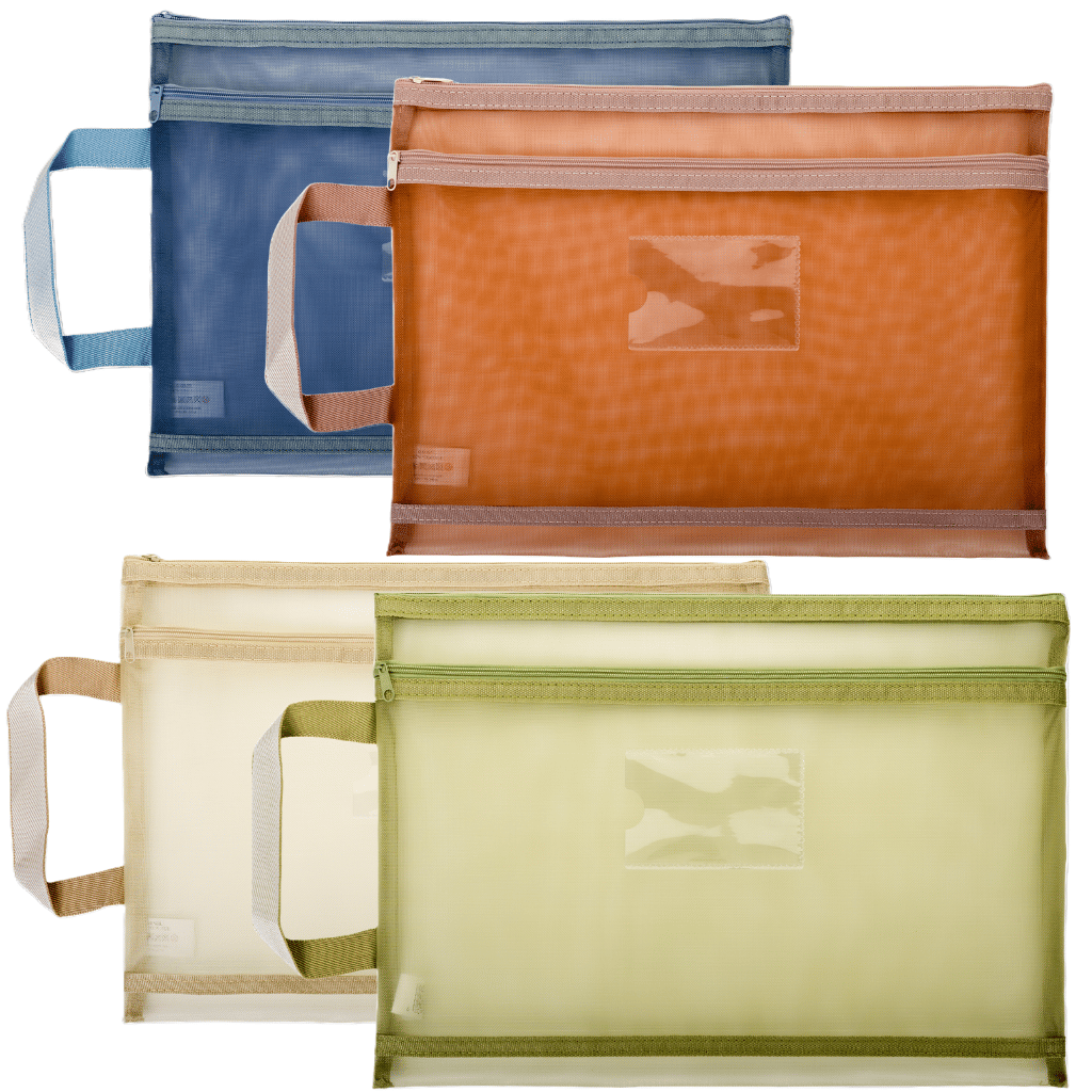 Kenzel A4 Mesh Double Zip Book Bag in beige blue pink and green